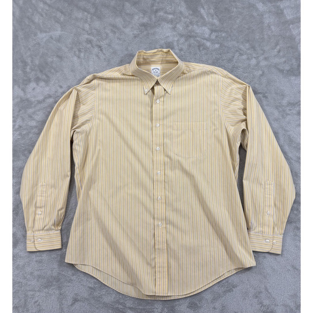 Brooks Brothers Dress Shirt Mens XL Yellow Stripe Slim Fit Non Iron Stretch